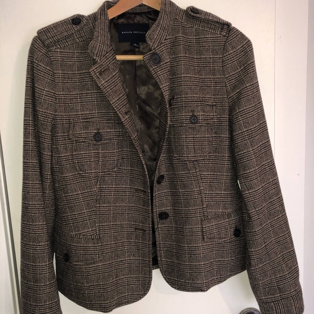 Brown plaid military style blazer